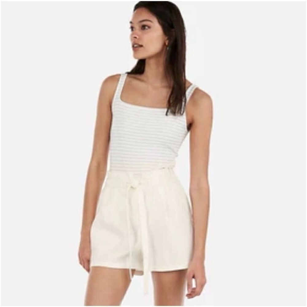 Express Shortie High Rise White Linen Blend Shorts